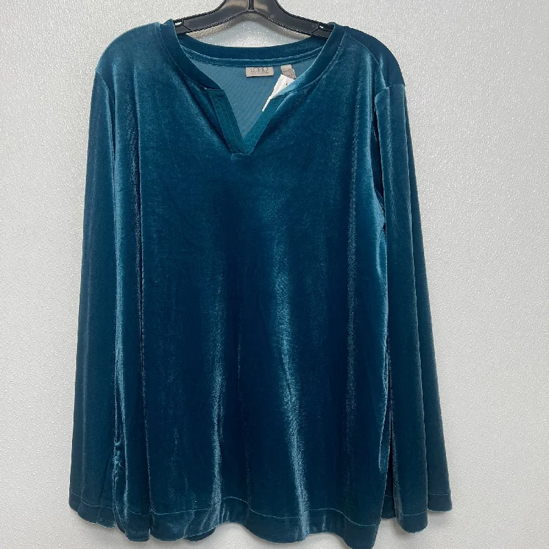 women's stylish topsTop Long Sleeve By Logo In Aqua, Size: Xl