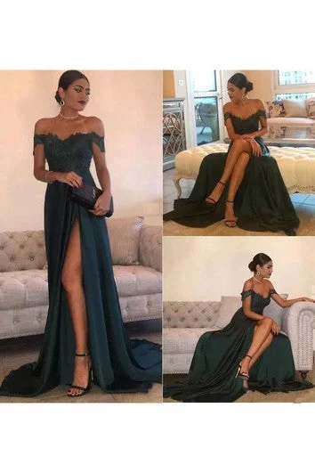 women's glam dressesOff-the-shoulder A-line Floor-length Court Train Sleeveless Chiffon Lace Evening Dress with Zipper Back