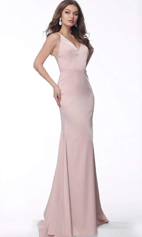 Metallic DressJovani 66682 - V-Neck Backless Satin Evening Gown