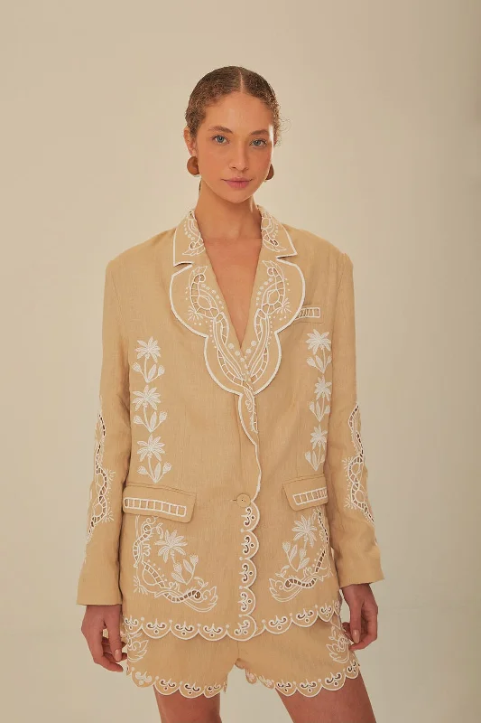 women's coats with removable fur liningsKhaki Embroidered Euroflax™ Premium Linen Blazer