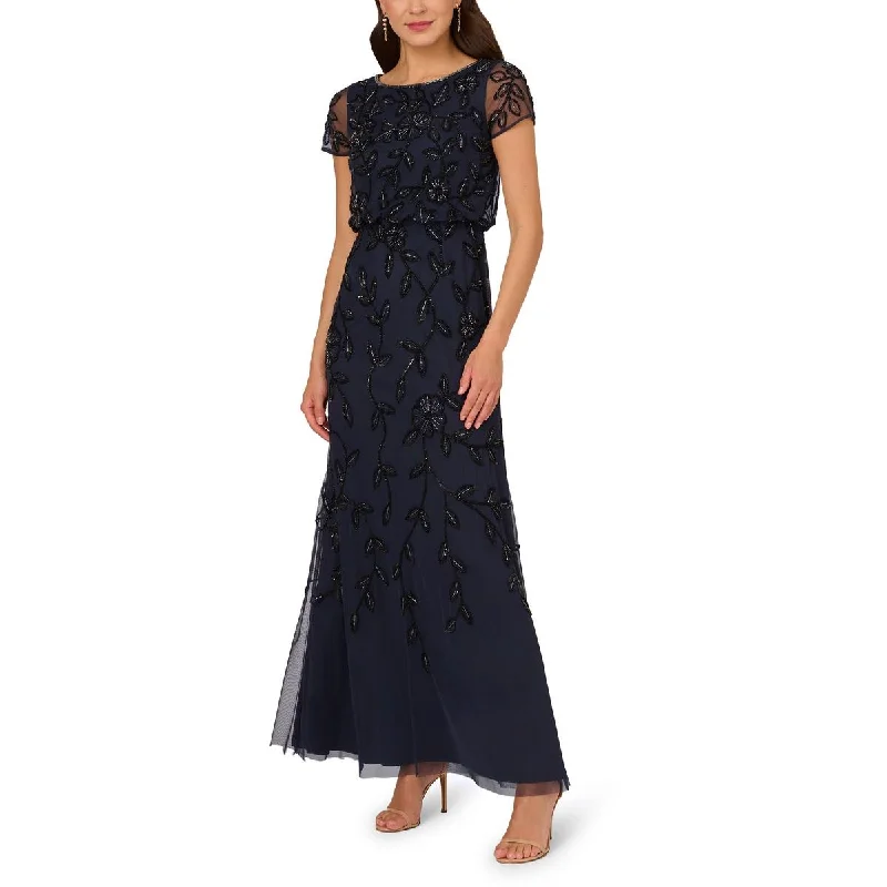 women's flutter-sleeved dressesAdrianna Papell Womens Petites Sequin Beaded Evening Dress