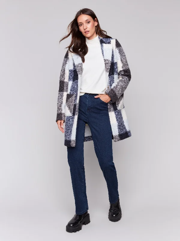 women's coats for formal eventsPlaid Bouclé Knit Coat - Navy