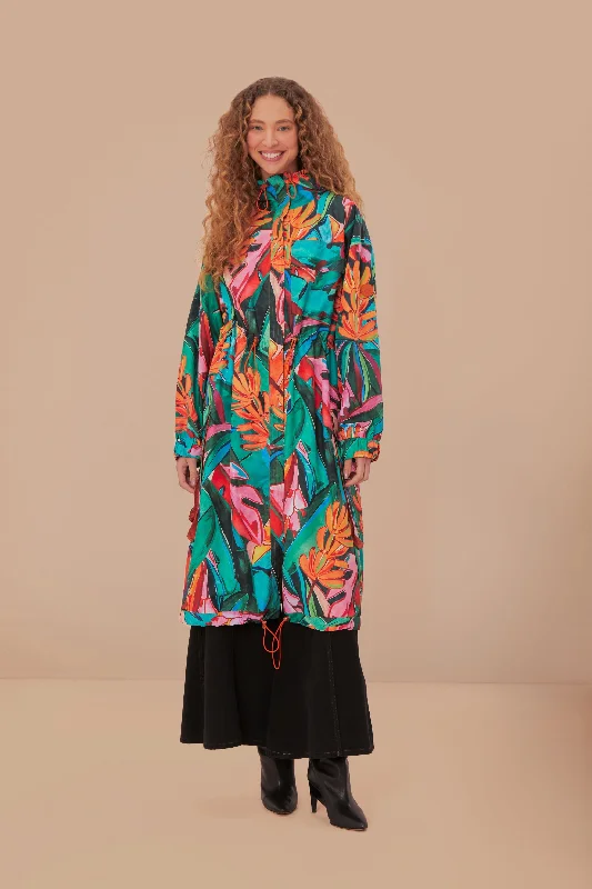 women's coats with oversized fitsGreen Banana Foliage Maxi Raincoat