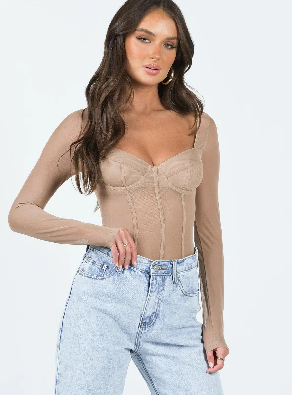 women's tops with spaghetti straps and deep V-necksLeonie Bodysuit Beige