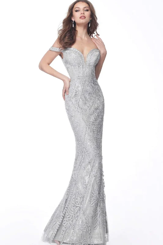 Cocktail DressJovani - 68130SC Embroidery Embellished Plunging Neck Evening Dress