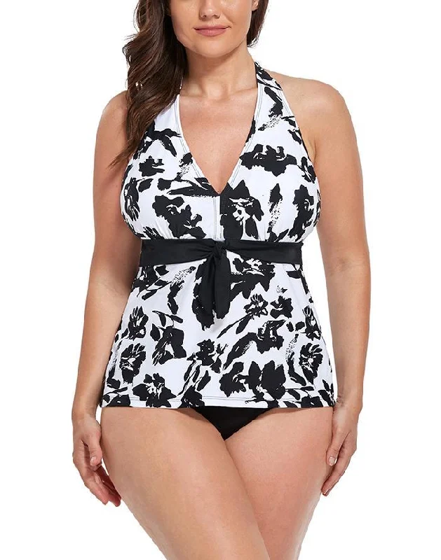 Bikini Set FemaleBlack White Floral Halter Tankini Set