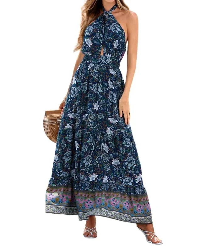 women's bodycon dressesFloral Print Halter Tie Maxi Dress In Navy Floral