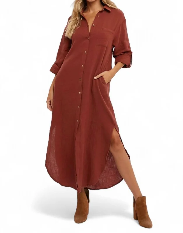 women's pastel dressesSarah Button Up Maxi Shirt Dress With Pocket In Brick