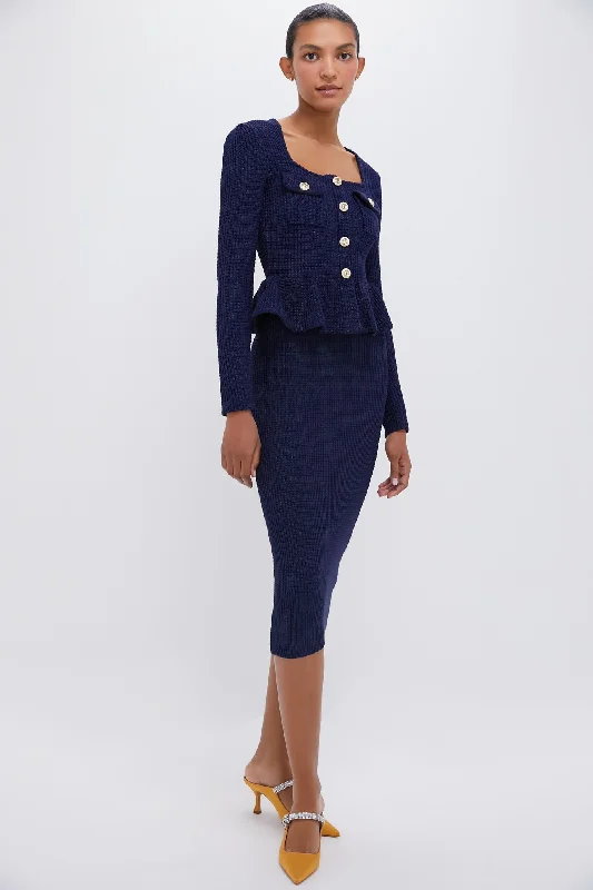 women's petite dressesBlue Navy Knit Peplum Midi Dress