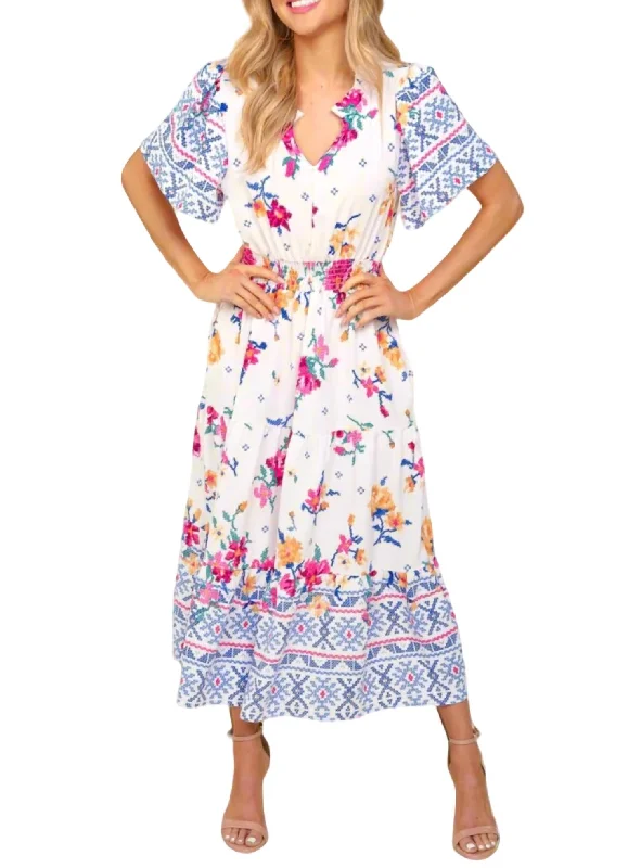 Tiered DressFloral Fit And Flare Maxi Dress In Ivory/blue