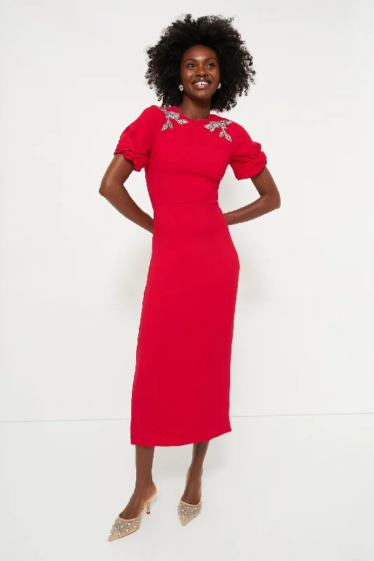 Sweetheart Neckline DressPomegranate Embellished Short Sleeve Midi Dress