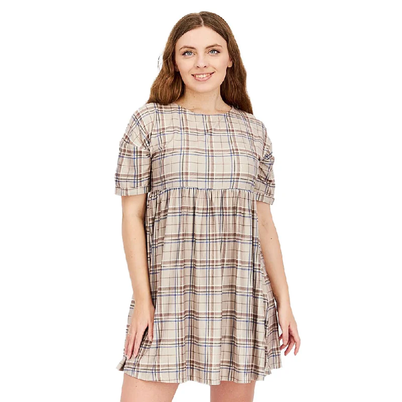 Tulle DressWomen's Plaid Smock Mini Dress,Beige