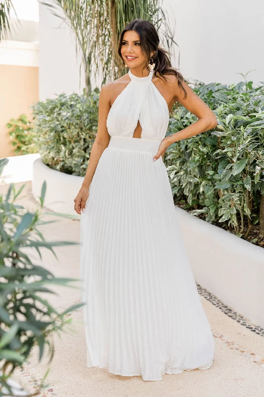 Evening DressSunny Gleam White Accordion Halter Maxi Dress FINAL SALE