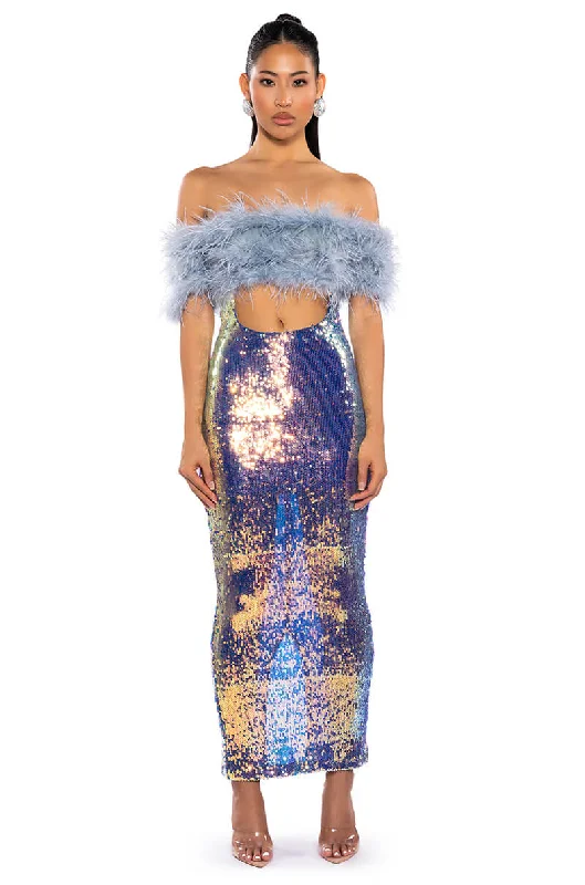 women's unique dressesTOP TIER FEATHER DETAIL SEQUIN MAXI DRESS