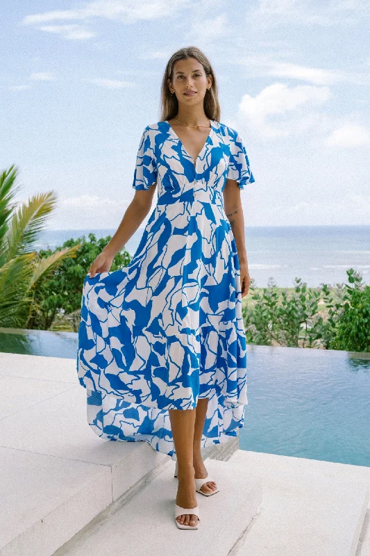 Off-The-Shoulder DressCalypso Blue Abstract High Low Maxi Dress