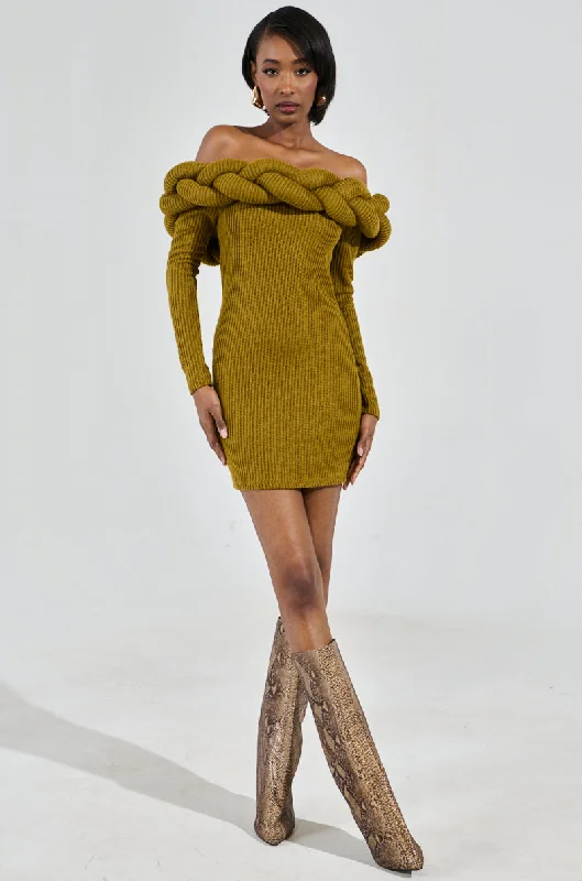 women's work dressesNOT IN THE MOOD KNIT BRAIDED MINI DRESS IN OLIVE