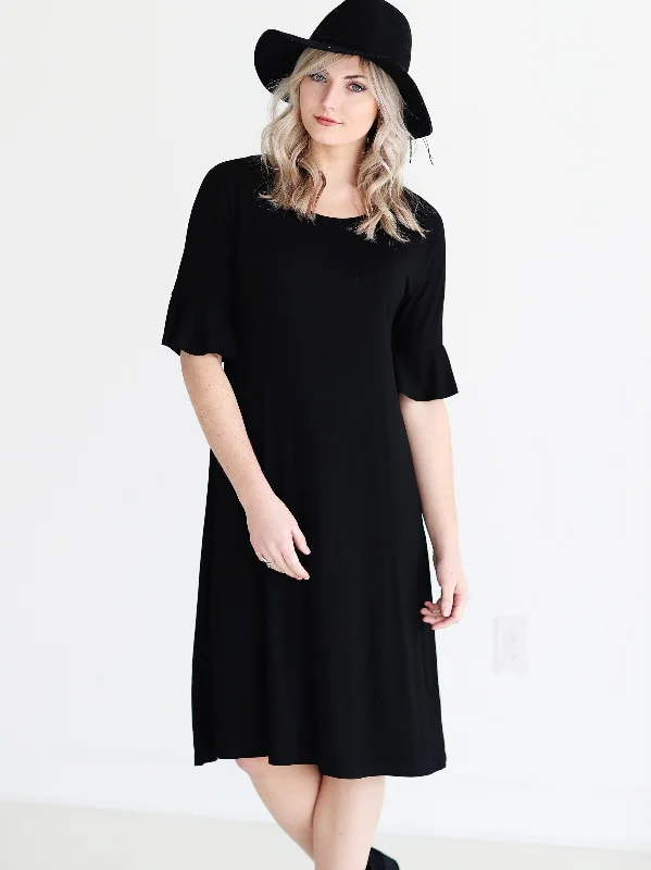 Tea-Length DressBlack DLMN Cropped Bell Sleeve Midi Dress