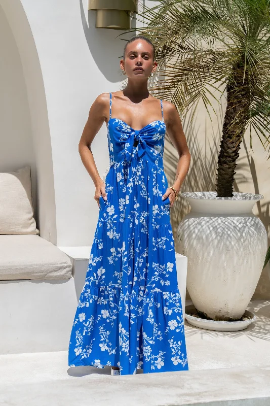 women's ball gown dressesLunaria Blue Floral Tie Detail Tiered Maxi Dress