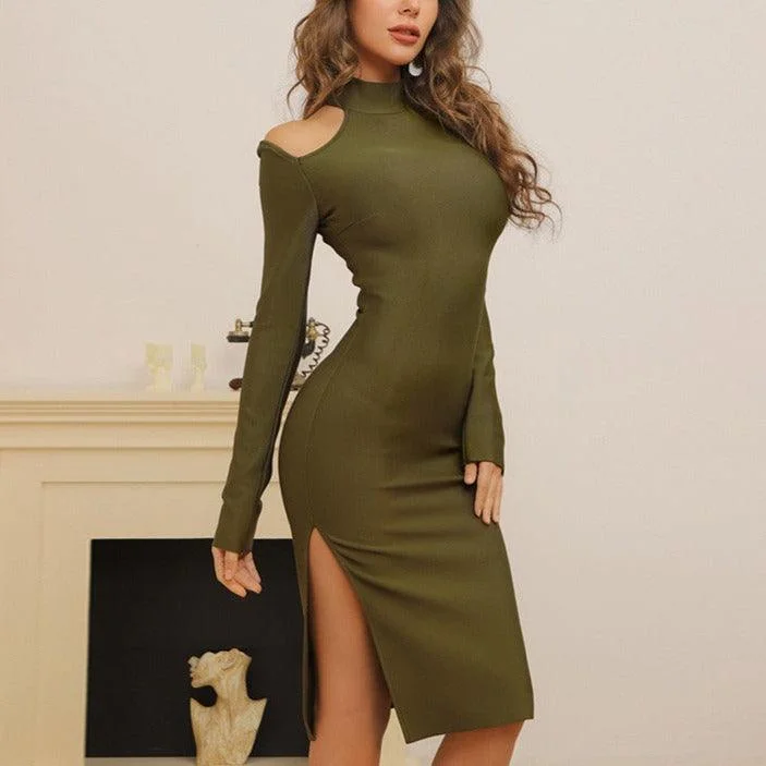 women's stretchy dressesKittenAlarm - Blaine Mock Neck Cut Out Midi Dress