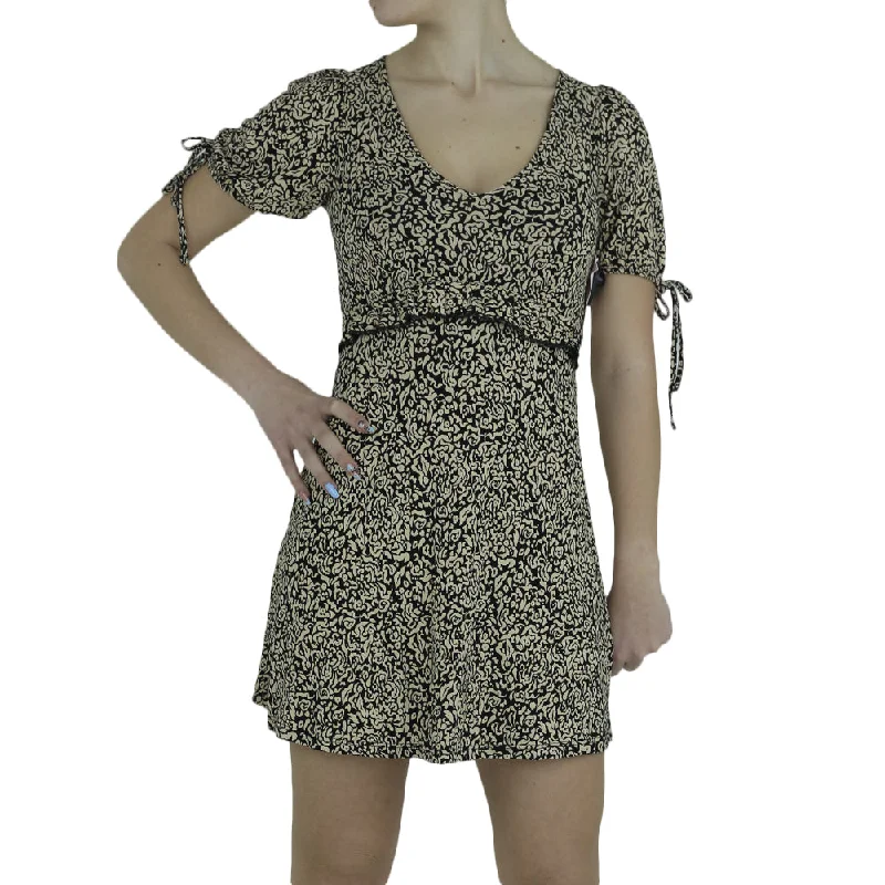 women's sustainable dressesWomen's Floral Tie Sleeve Mini Dress,Beige/Black