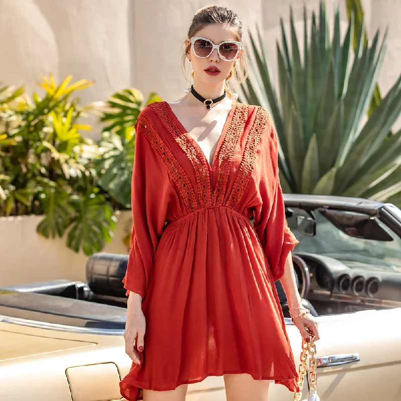 women's flowy dressesKittenAlarm - Women Deep V-Neck Boho Dress Solid High Waist Midi Dress 3/4 Sleeve