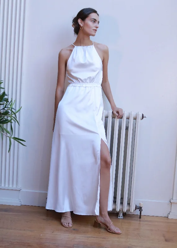 women's bow dressesDove White Satin Maxi Dress