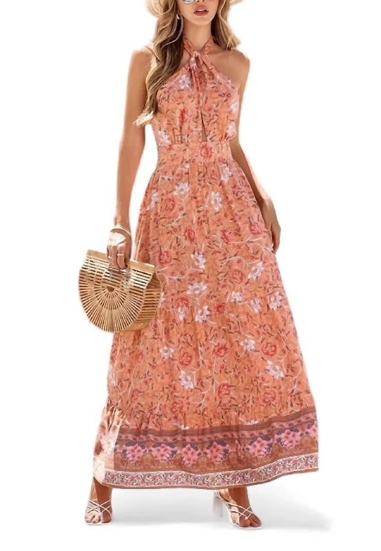 women's cinched-waist dressesFloral Print Halter Tie Maxi Dress In Orange Floral