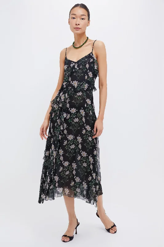 women's long-sleeved dressesBlack Elizabeth Print Midi Tiered Dress