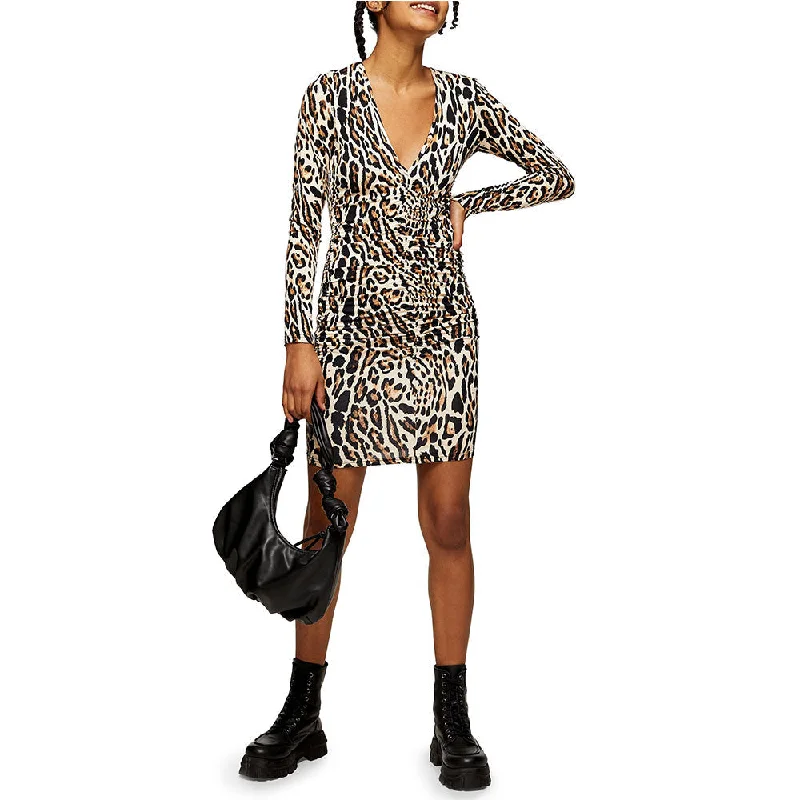 Laced-Up DressWomen's Leopard Ruched Mini Dress,Multi