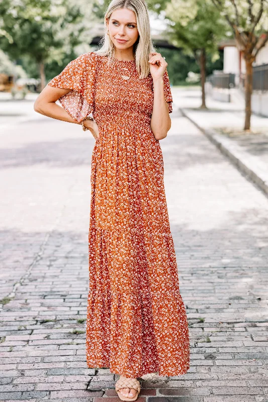 Glitter DressTake A Guess Rust Orange Ditsy Floral Maxi Dress