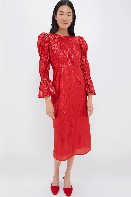 Glamour DressRed Metallic Plisse Puff Sleeve Darcy Midi Dress