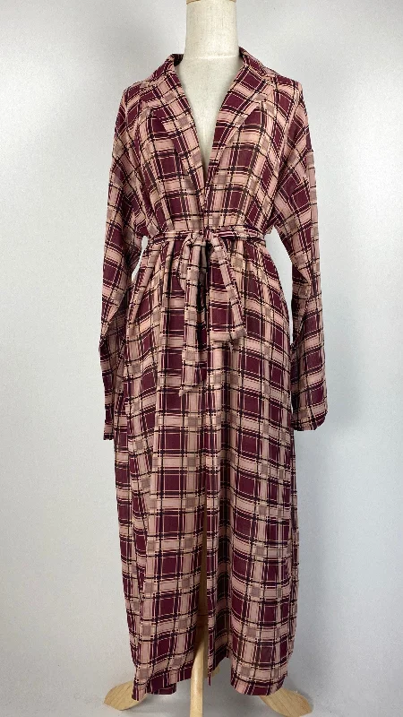 Wedding DressLong Sleeve Plaid Open Midi Length Cardigan, Maroon and Pink