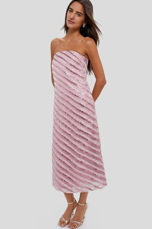 women's empire waist dressesSoft Pink Shimmer Stripes Mila Strapless Midi Dress