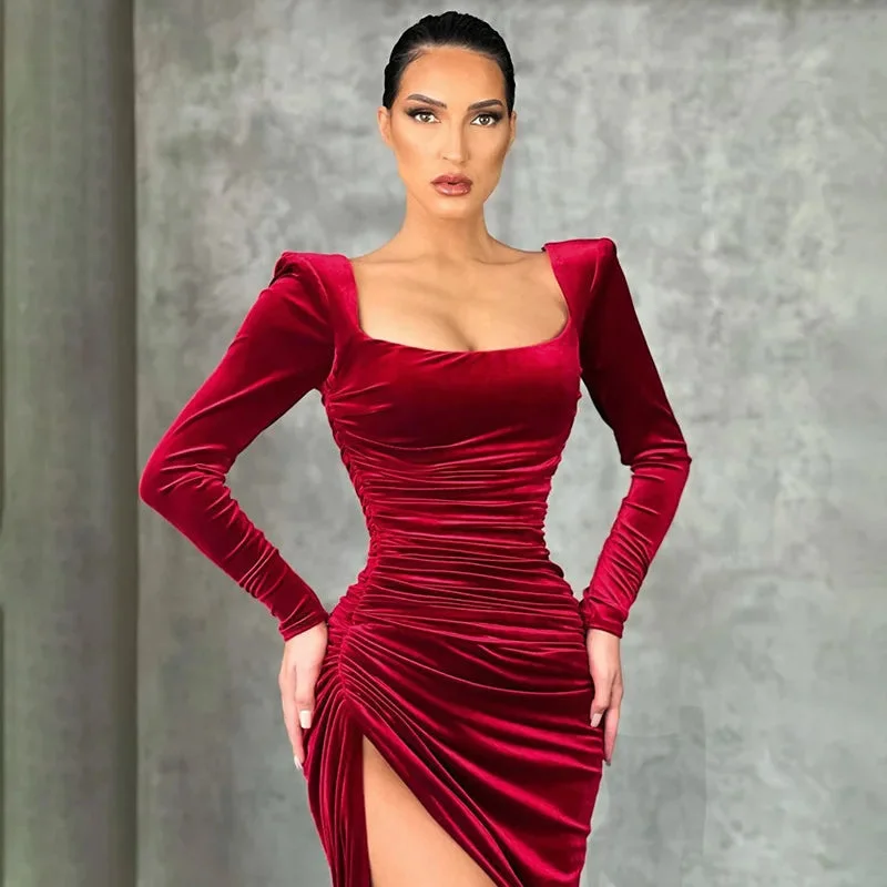 women's travel dressesRed Velvet Elegant Midi Christmas Party Dress