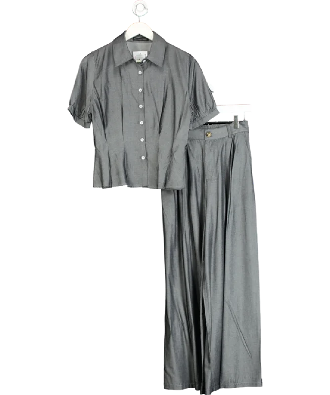 S.Deer Grey Vintage Lapel Belted Waist Shirt & Trouser Set UK S