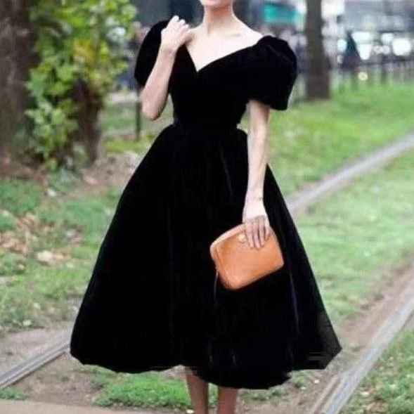 Prom DressKittenAlarm - Sacilia Solid A-line Puff Sleeves Midi Dress