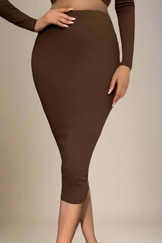 women's breathable dressesPencil High Waist Bandage Midi Skirt - Tan Brown