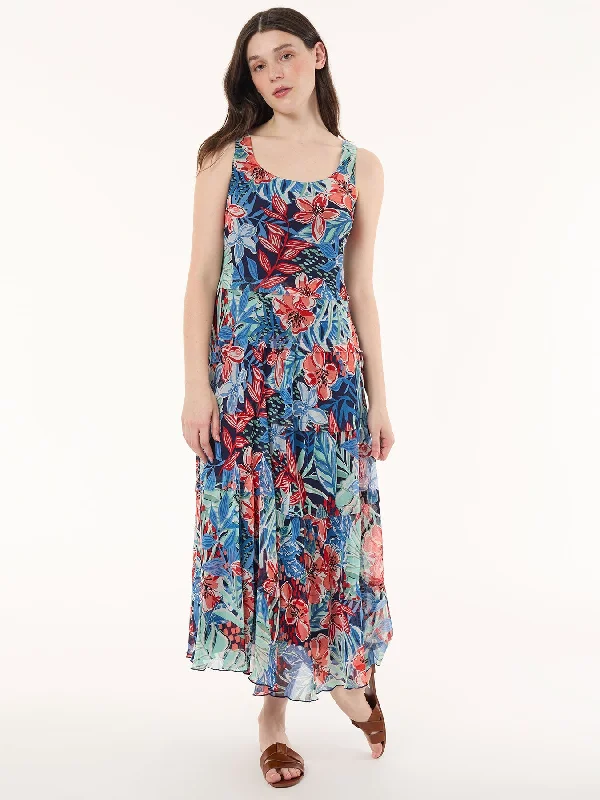 Plunging Neckline DressMaxi Multi-Tiered Dress, Printed Chiffon