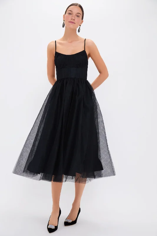 women's wedding guest dressesBlack Tulle Corset Midi Dress