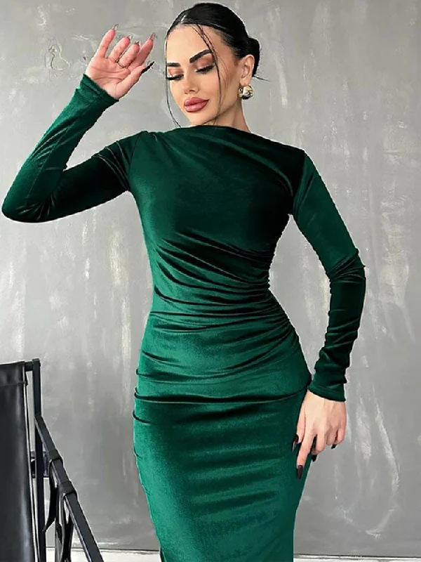 women's bell-sleeved dressesVelvet Long Sleeve Midi Dress - Elegant Party Clothes for Christmas Party