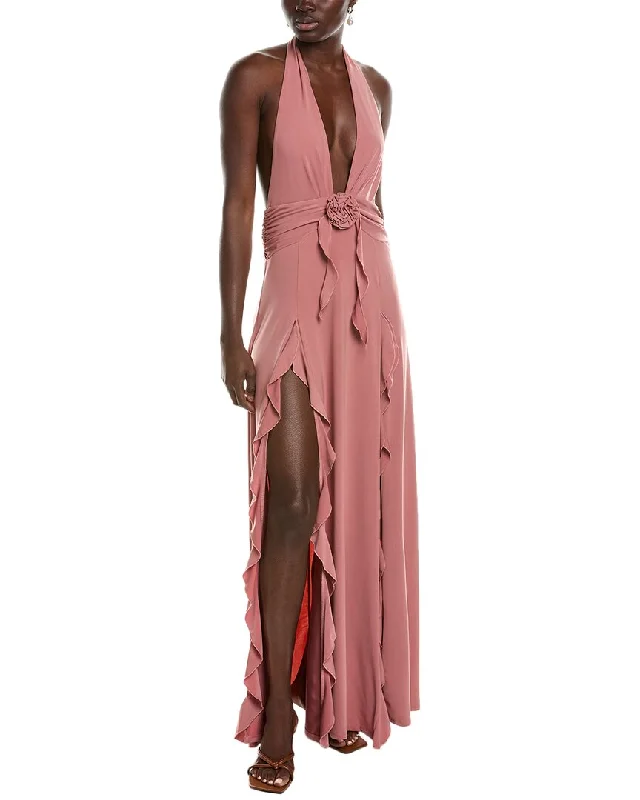 Velveteen DressWeWoreWhat Halter Ruffle Maxi Dress