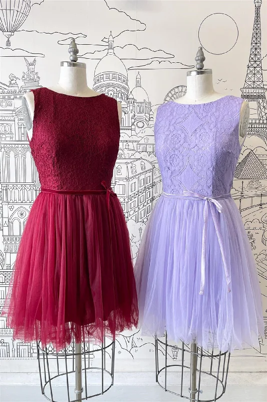 women's handmade dressesA-line Scoop Neck Tulle Lace Mini Bridesmaid Dress with Sash