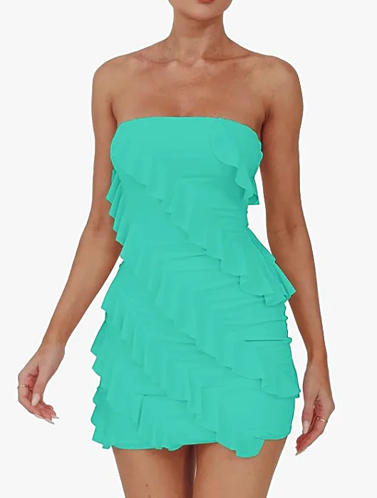 women's pear-shaped body dressesXS - ssb turquoise ruffled mini dress