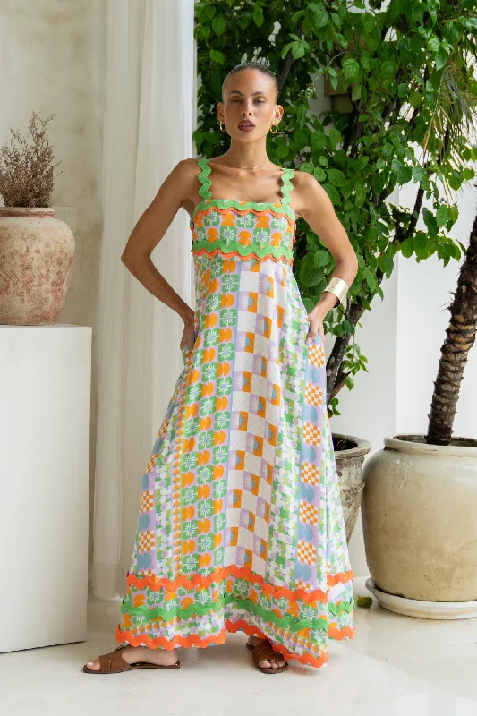 Designer DressAnnelie Multicolour Abstract Tile Ric Rac Maxi Dress