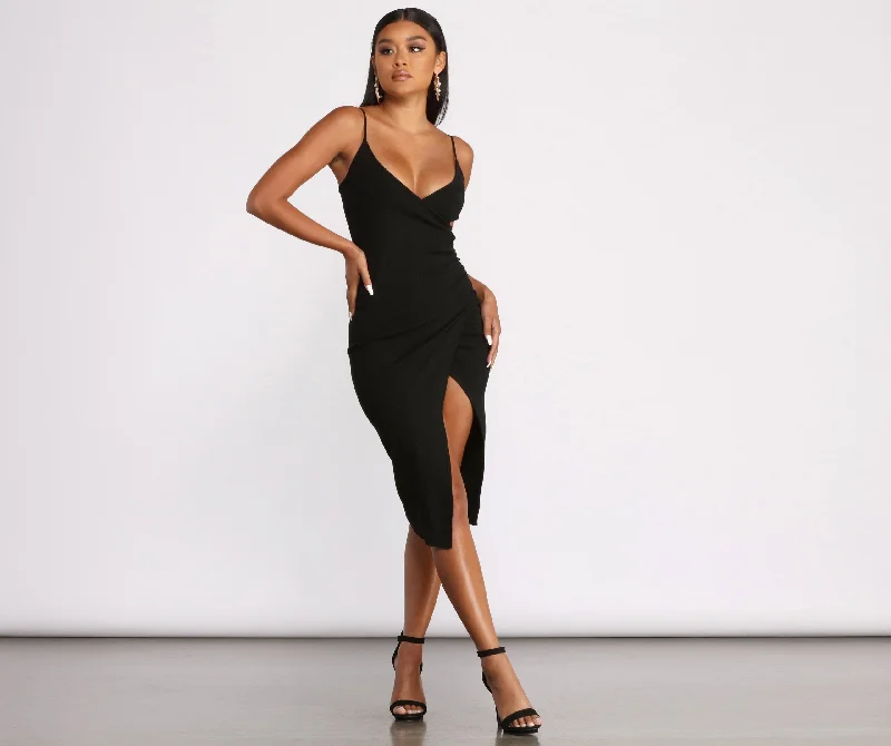 Sleeveless DressSleeveless V Neck Asymmetrical Wrap Ribbed Midi Dress