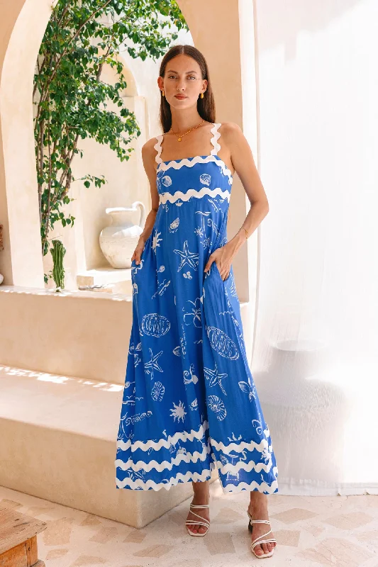 women's boho dressesMariselle Blue Ocean Abstract Ric Rac Maxi Dress