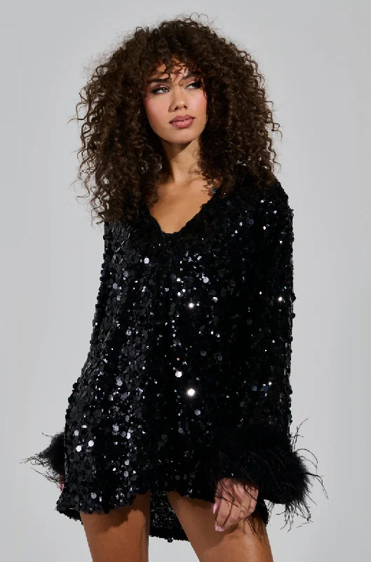 Tea-Length DressWOKE UP LIKE THIS SEQUIN MINI DRESS WITH FEATHERS