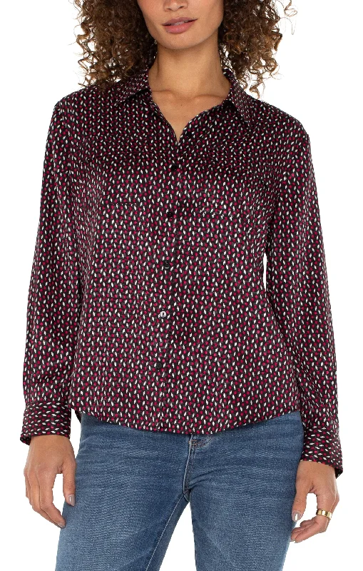 women's travel pantsFLAP POCKET BUTTON UP WOVEN BLOUSE