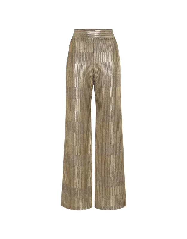 women's running pantsNightcap Clothing High Waist Lamè Wide Leg Pant in Taupe & Gold