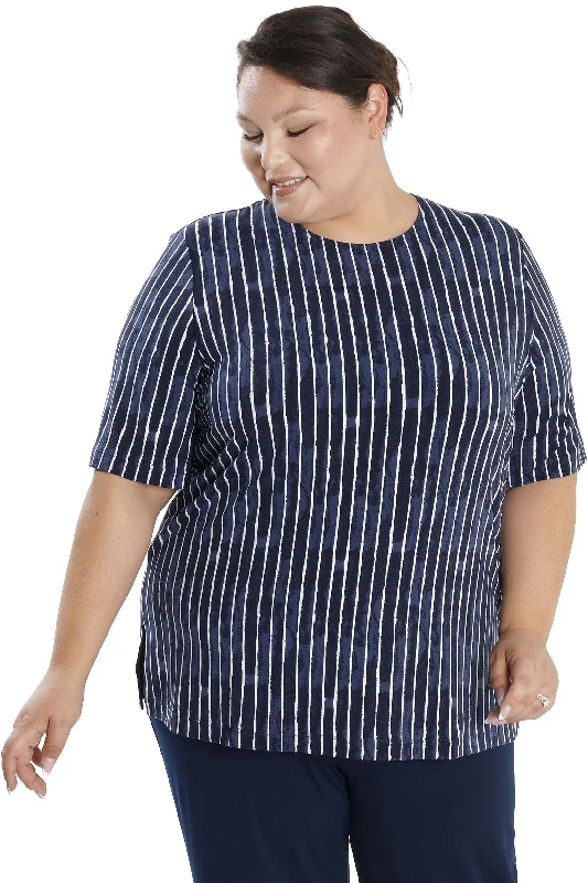 women's solid-color pantsVikki Vi Jersey Navy Pinstripe Short Sleeve Tunic